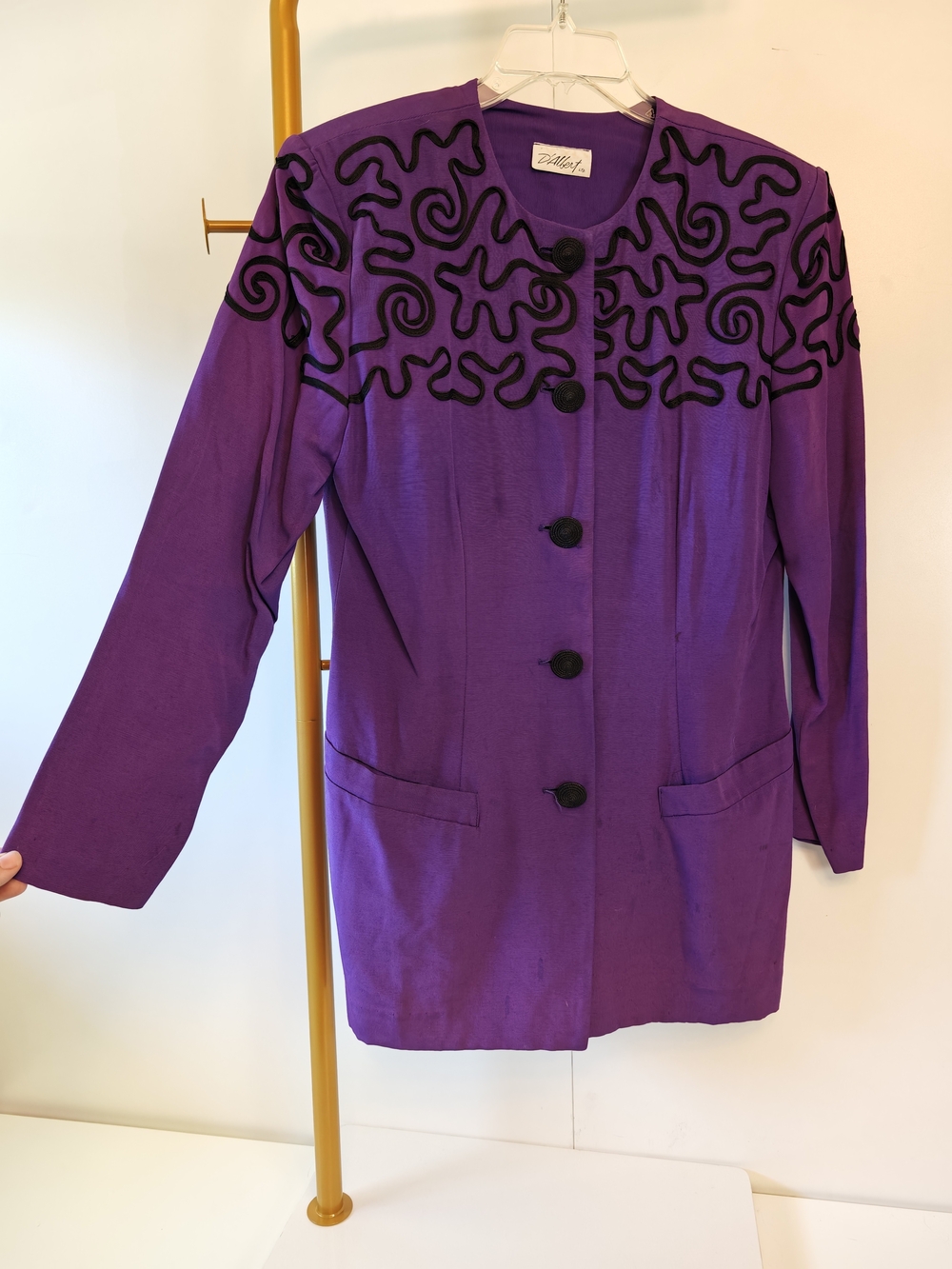 Vintage 80s Witchy Purple Embroidered Longline Blazer with Black Trim Pockets 10
